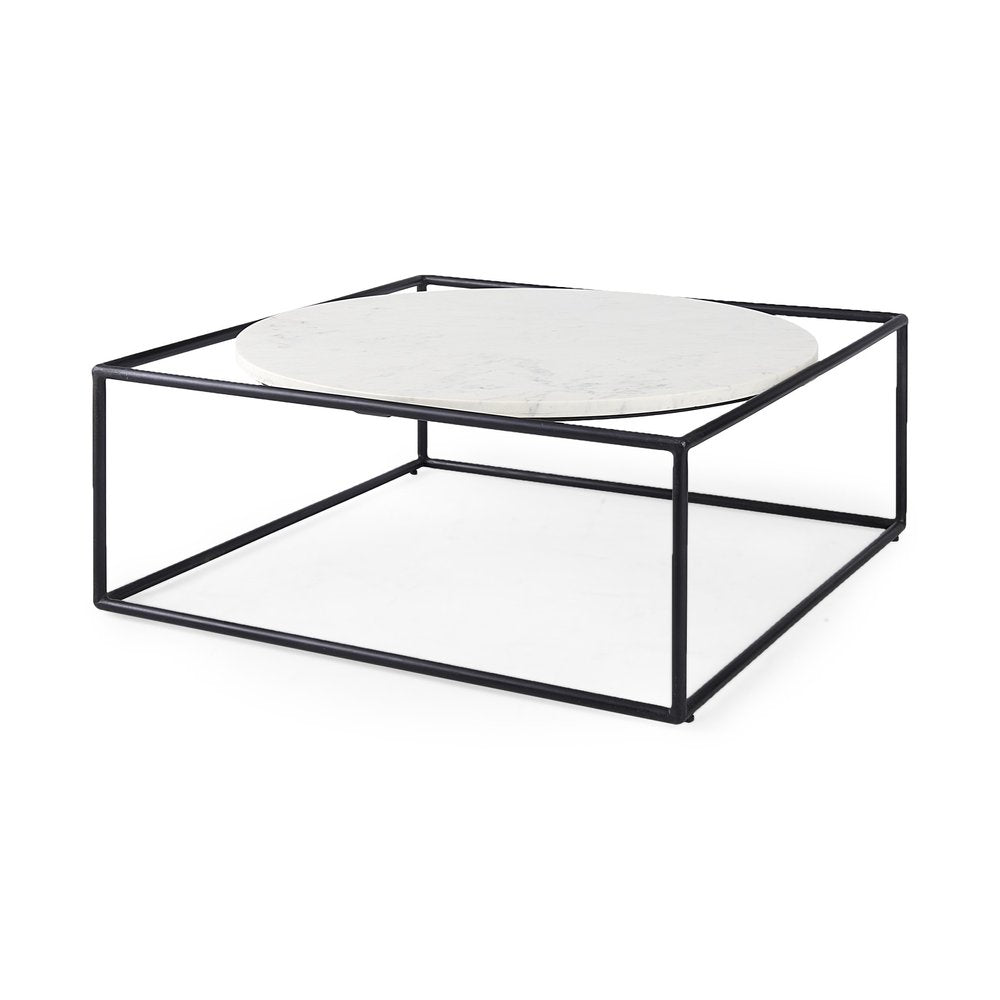 36" White and Black Genuine Marble and Metal Square Frame Coffee Table HomeRoots