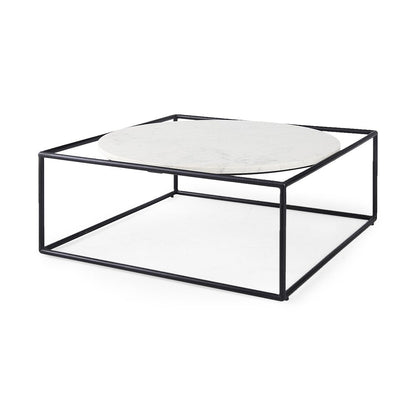 36" White and Black Genuine Marble and Metal Square Frame Coffee Table HomeRoots