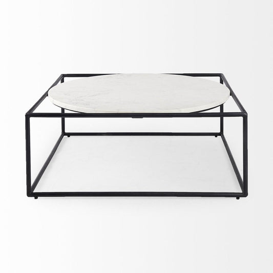 36" White and Black Genuine Marble and Metal Square Frame Coffee Table HomeRoots