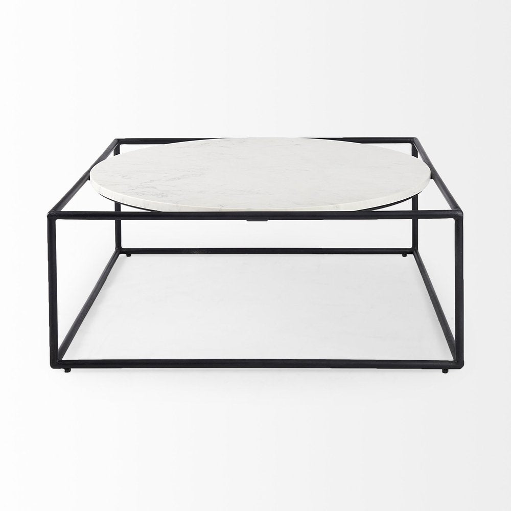 36" White and Black Genuine Marble and Metal Square Frame Coffee Table HomeRoots
