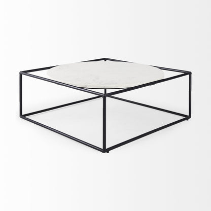 36" White And Black Marble And Metal Square Frame Coffee Table