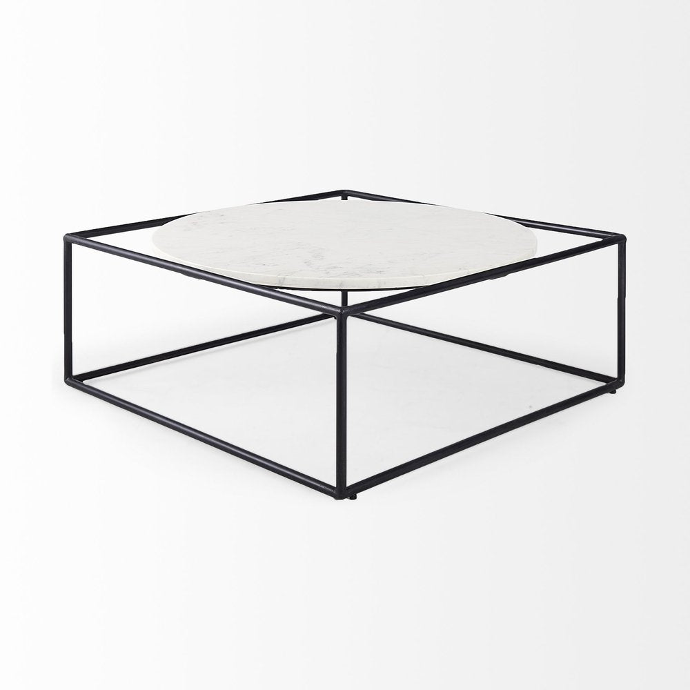 36" White and Black Genuine Marble and Metal Square Frame Coffee Table HomeRoots