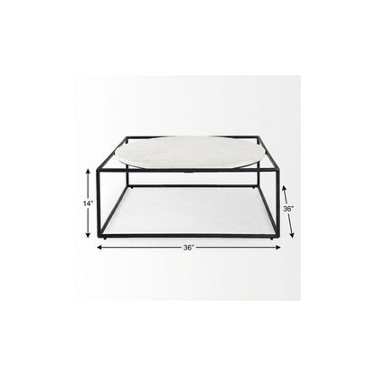36" White and Black Genuine Marble and Metal Square Frame Coffee Table HomeRoots