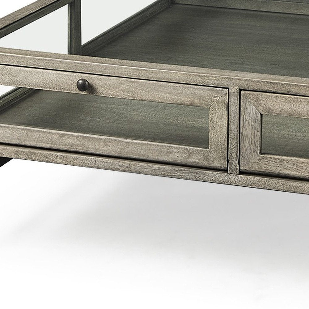 42" Gray and Black Glass and Metal Square Coffee Table With Shelf HomeRoots