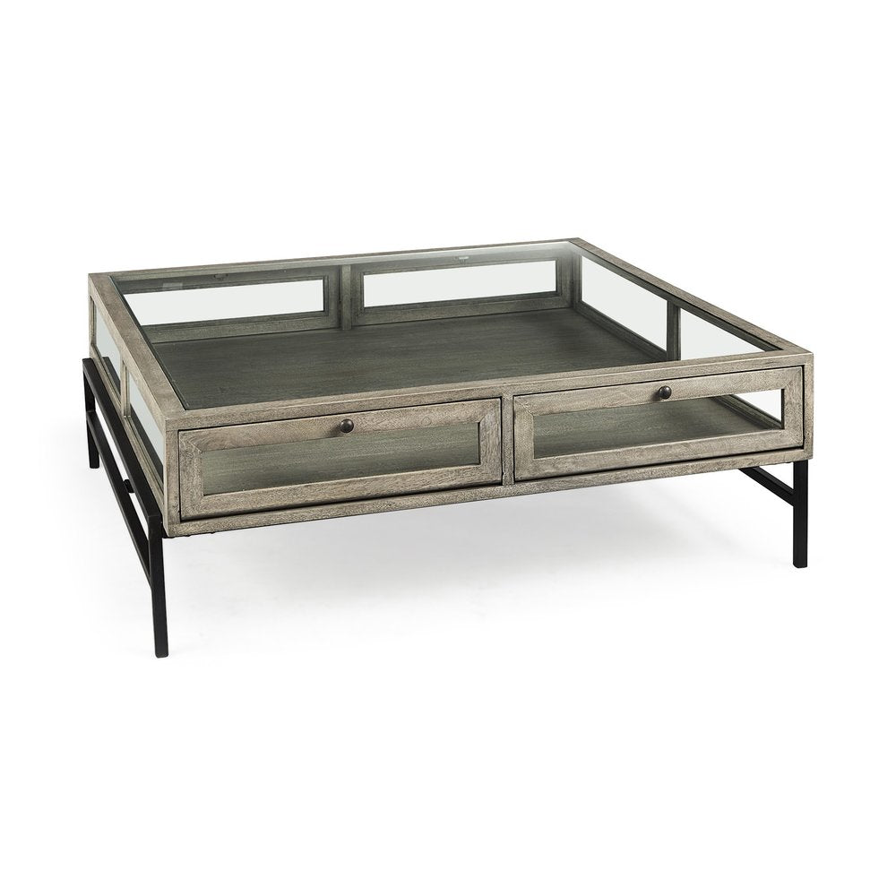 42" Gray and Black Glass and Metal Square Coffee Table With Shelf HomeRoots