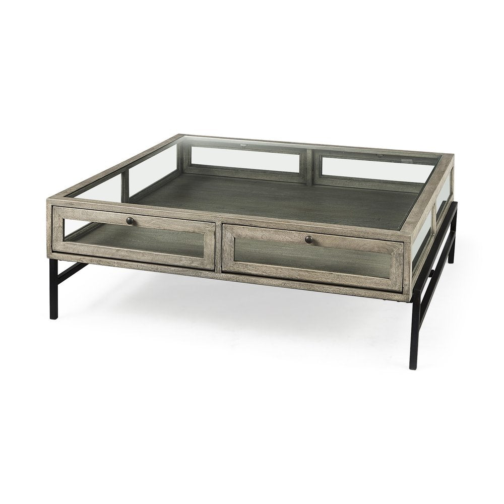 42" Gray and Black Glass and Metal Square Coffee Table With Shelf HomeRoots