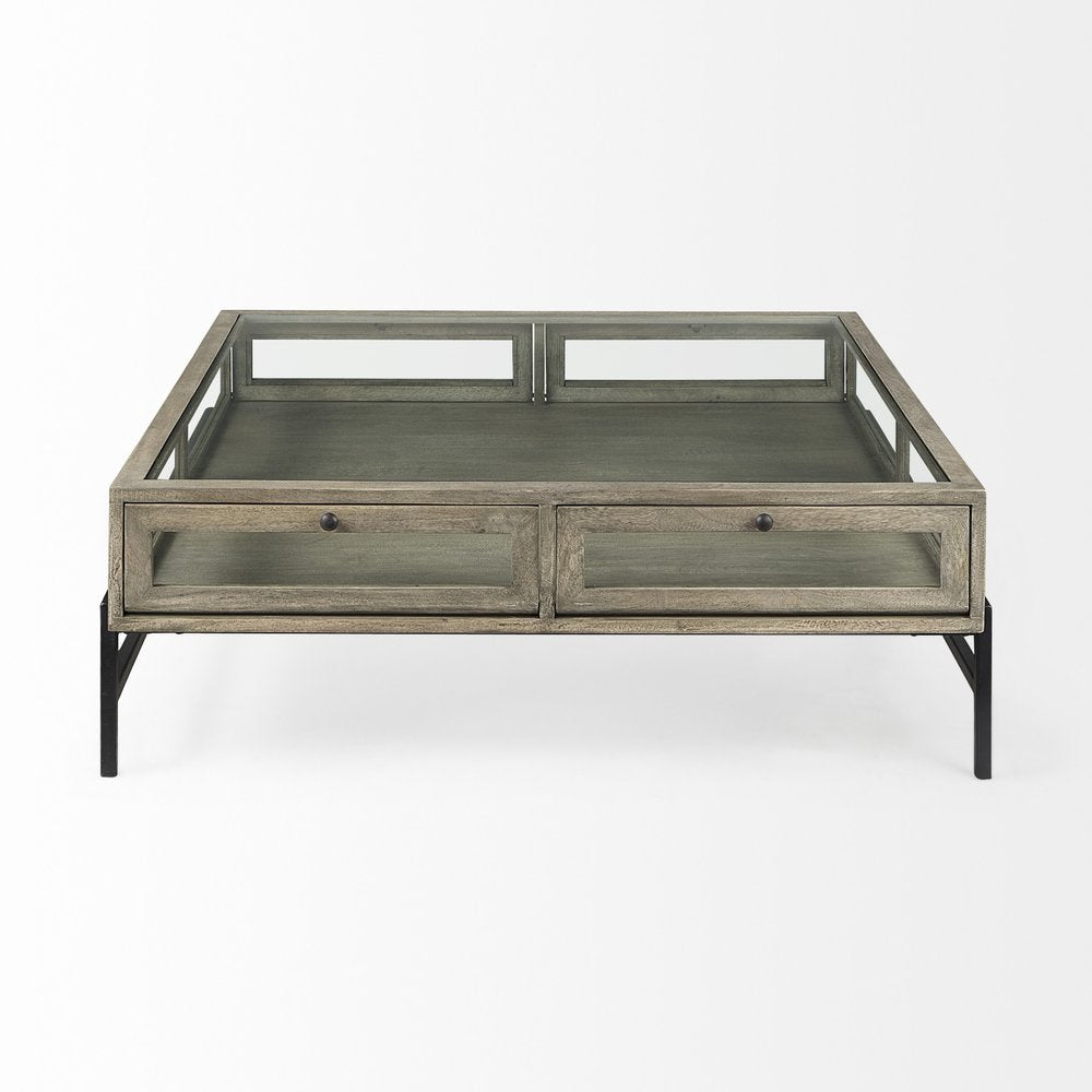 42" Gray and Black Glass and Metal Square Coffee Table With Shelf HomeRoots