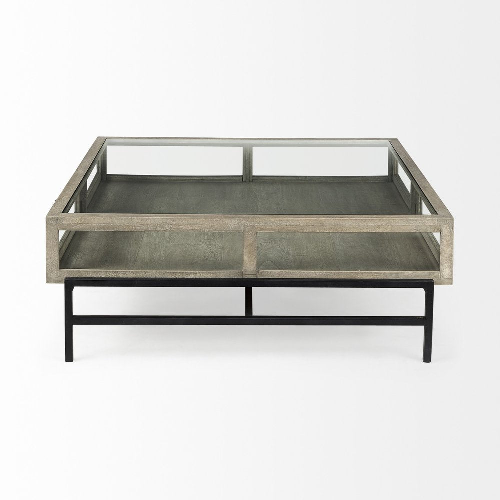 42" Gray and Black Glass and Metal Square Coffee Table With Shelf HomeRoots