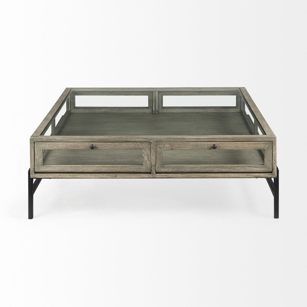 42" Gray and Black Glass and Metal Square Coffee Table With Shelf HomeRoots