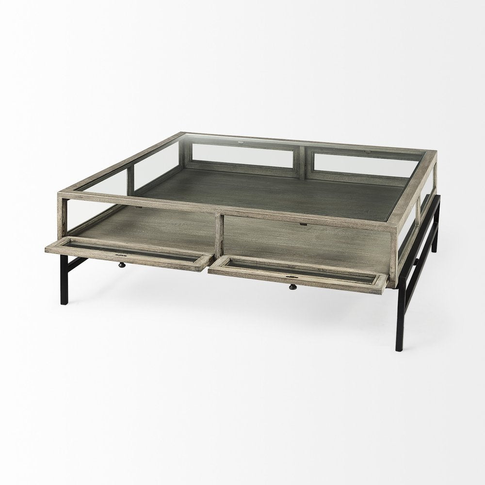 42" Gray and Black Glass and Metal Square Coffee Table With Shelf HomeRoots