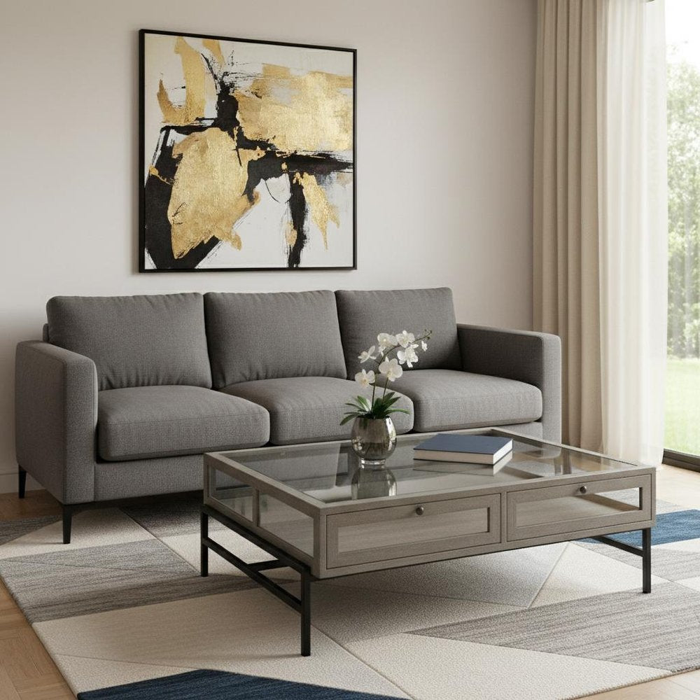 42" Gray and Black Glass and Metal Square Coffee Table With Shelf HomeRoots