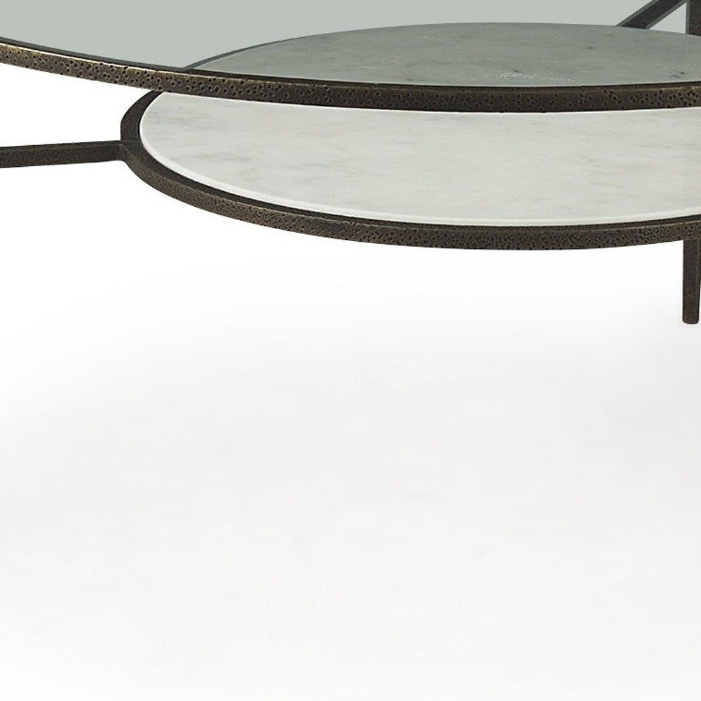 36" Clear and Bronze Glass and Metal Round Coffee Table With Shelf HomeRoots