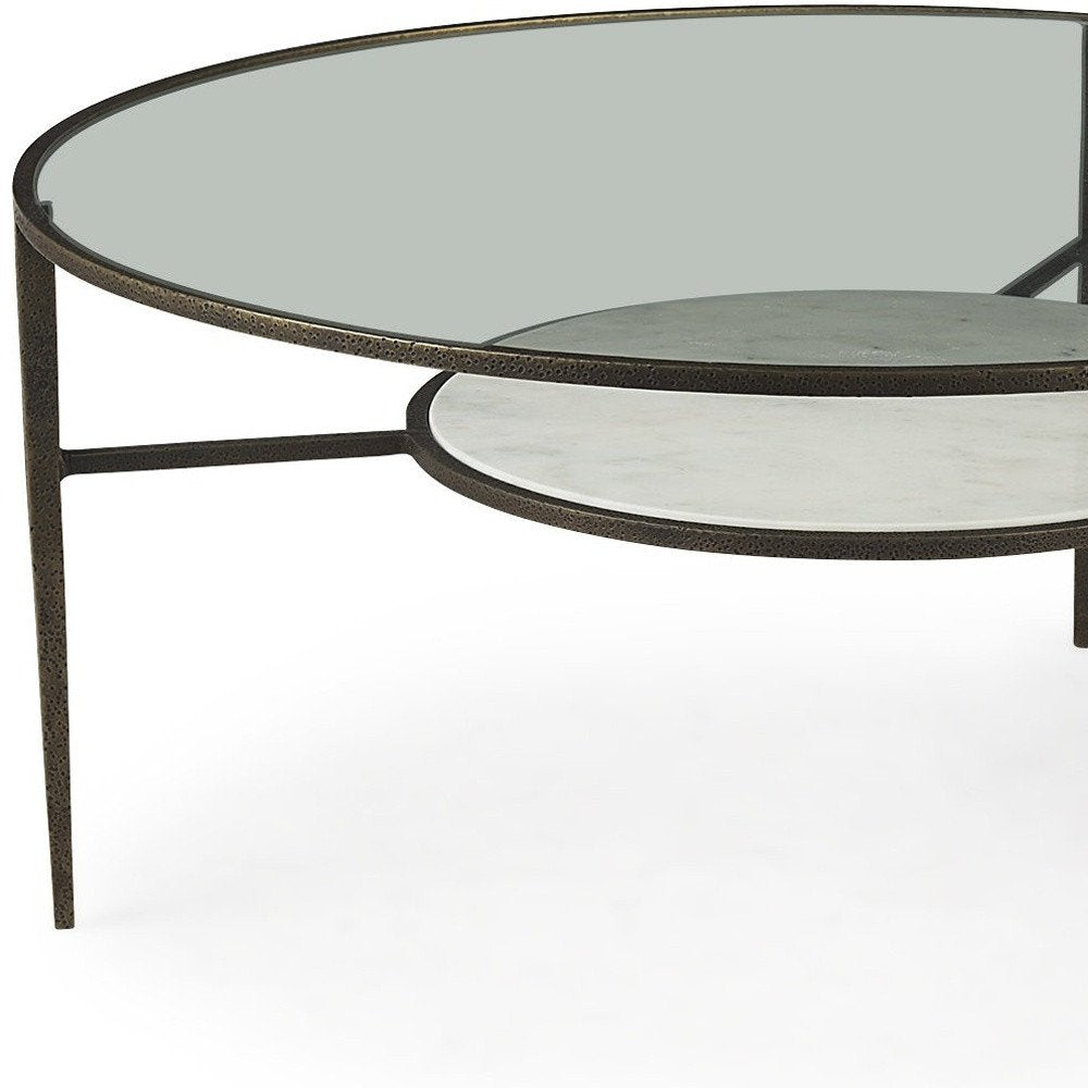 36" Clear and Bronze Glass and Metal Round Coffee Table With Shelf HomeRoots
