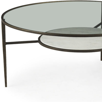 36" Clear and Bronze Glass and Metal Round Coffee Table With Shelf HomeRoots