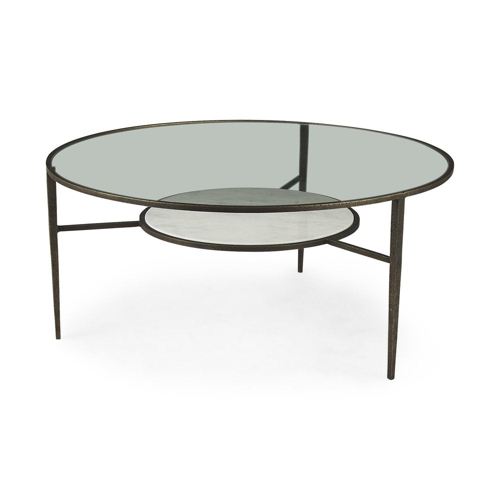 36" Clear and Bronze Glass and Metal Round Coffee Table With Shelf HomeRoots