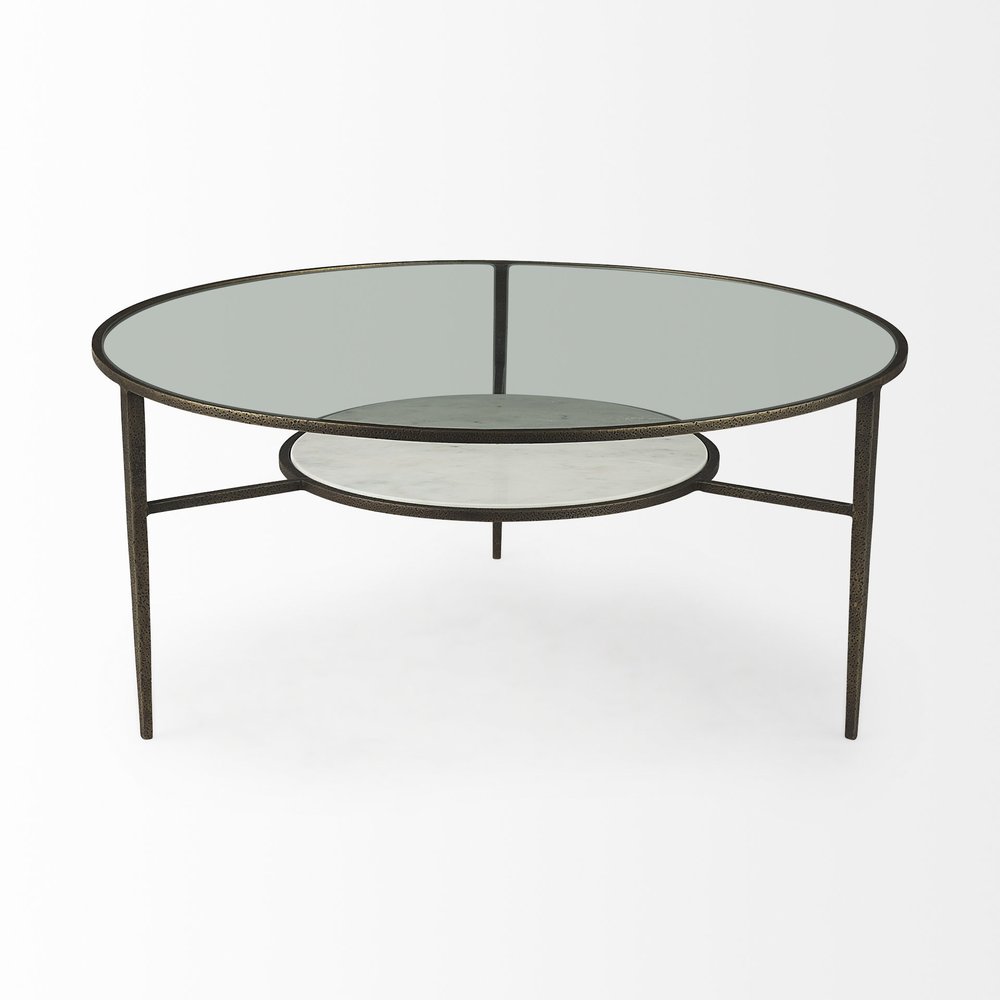 36" Clear and Bronze Glass and Metal Round Coffee Table With Shelf HomeRoots