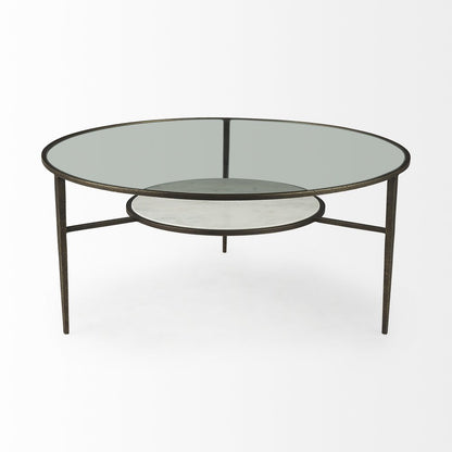 36" Clear and Bronze Glass and Metal Round Coffee Table With Shelf HomeRoots