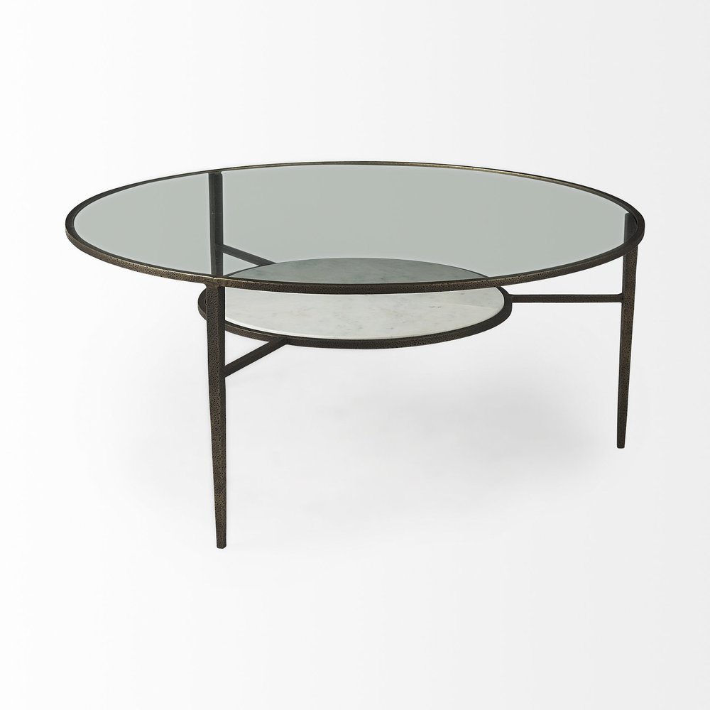36" Clear and Bronze Glass and Metal Round Coffee Table With Shelf HomeRoots