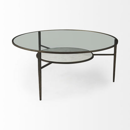 36" Clear and Bronze Glass and Metal Round Coffee Table With Shelf HomeRoots