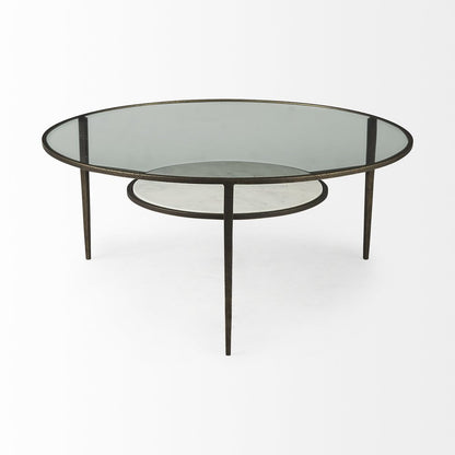 36" Clear and Bronze Glass and Metal Round Coffee Table With Shelf HomeRoots