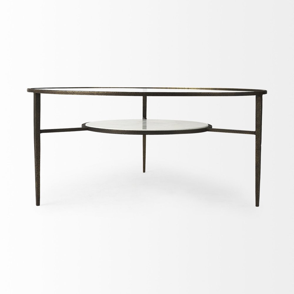 36" Clear and Bronze Glass and Metal Round Coffee Table With Shelf HomeRoots