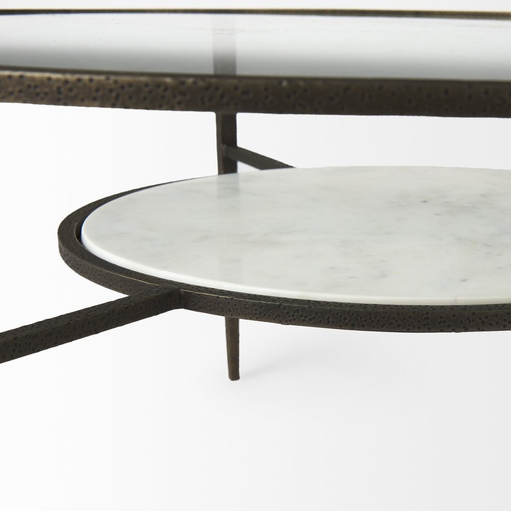 36" Clear and Bronze Glass and Metal Round Coffee Table With Shelf HomeRoots