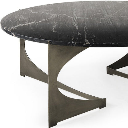 48" Black and Gold Genuine Marble and Iron Round Coffee Table HomeRoots