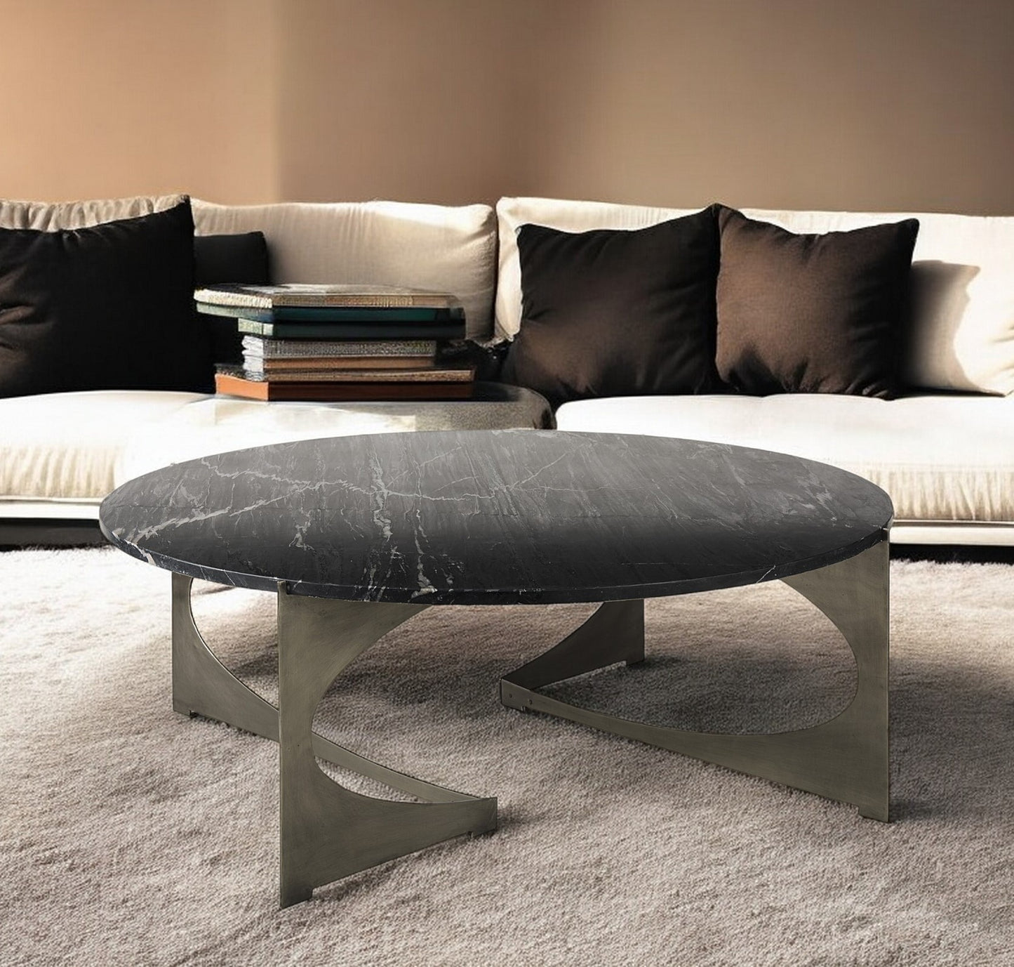 48" Black And Gold Genuine Marble And Iron Round Coffee Table