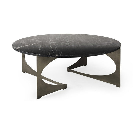 48" Black and Gold Genuine Marble and Iron Round Coffee Table HomeRoots