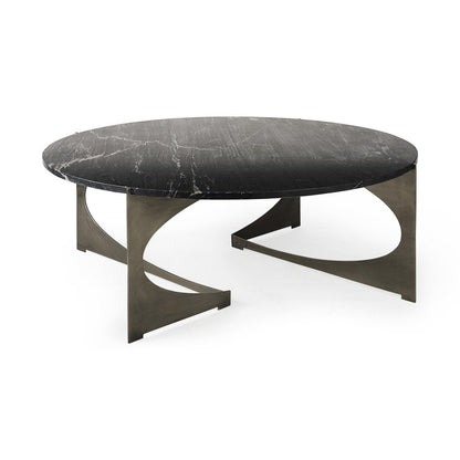 48" Black and Gold Genuine Marble and Iron Round Coffee Table HomeRoots