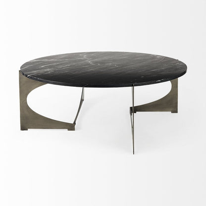 48" Black and Gold Genuine Marble and Iron Round Coffee Table HomeRoots