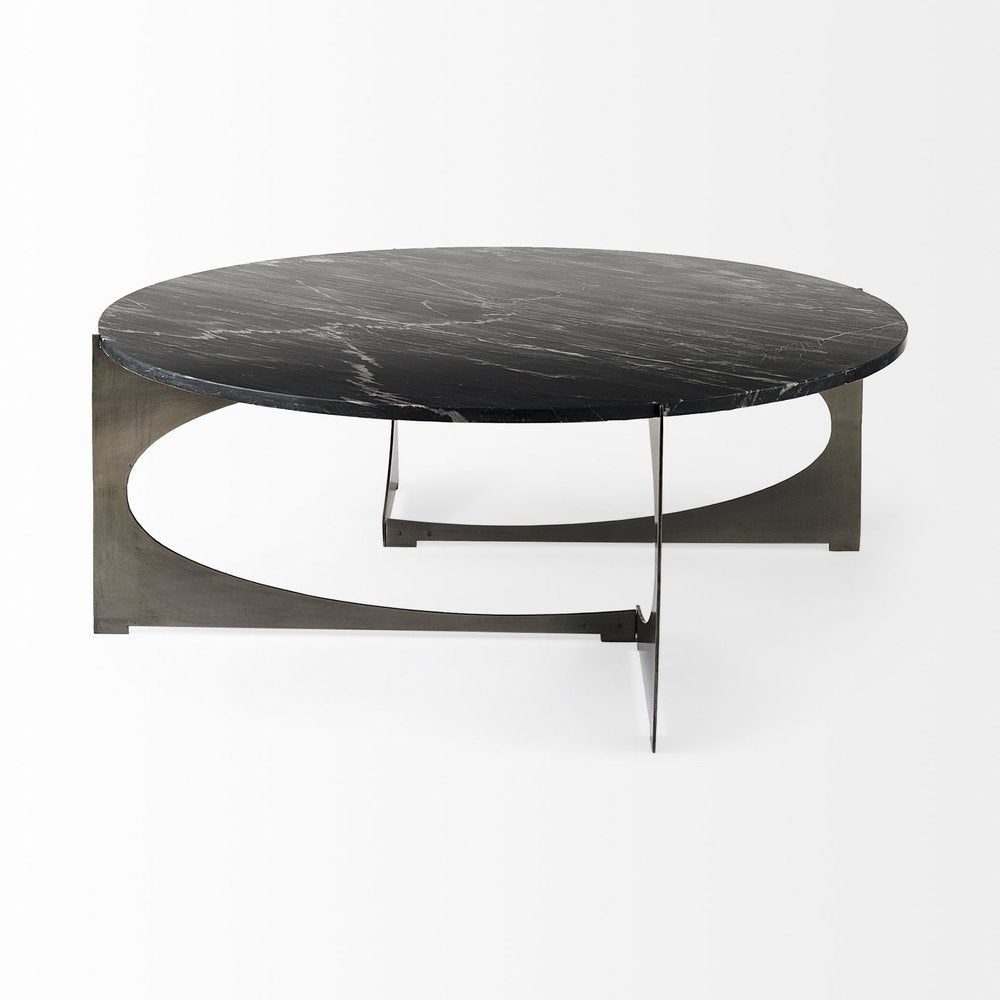 48" Black and Gold Genuine Marble and Iron Round Coffee Table HomeRoots