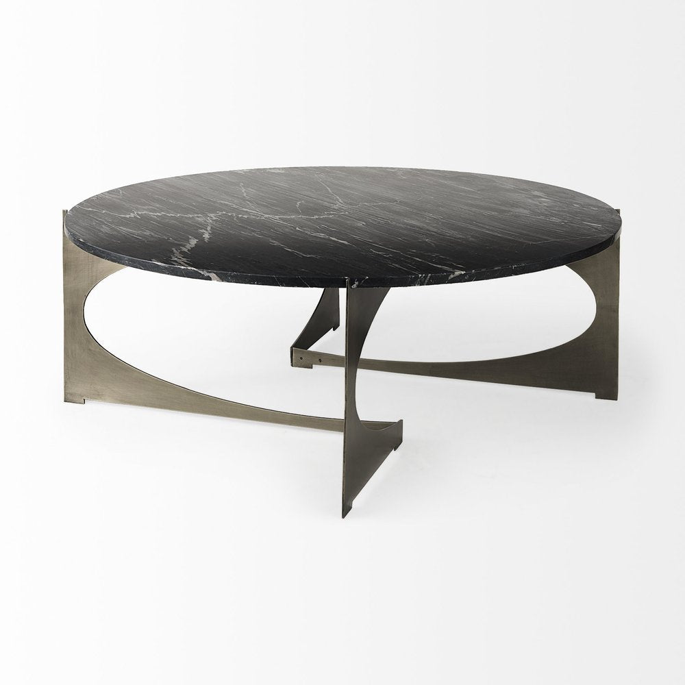 48" Black and Gold Genuine Marble and Iron Round Coffee Table HomeRoots