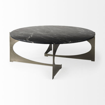 48" Black and Gold Genuine Marble and Iron Round Coffee Table HomeRoots
