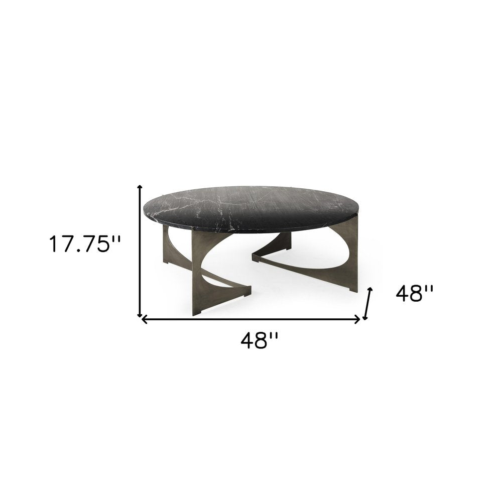 48" Black and Gold Genuine Marble and Iron Round Coffee Table HomeRoots