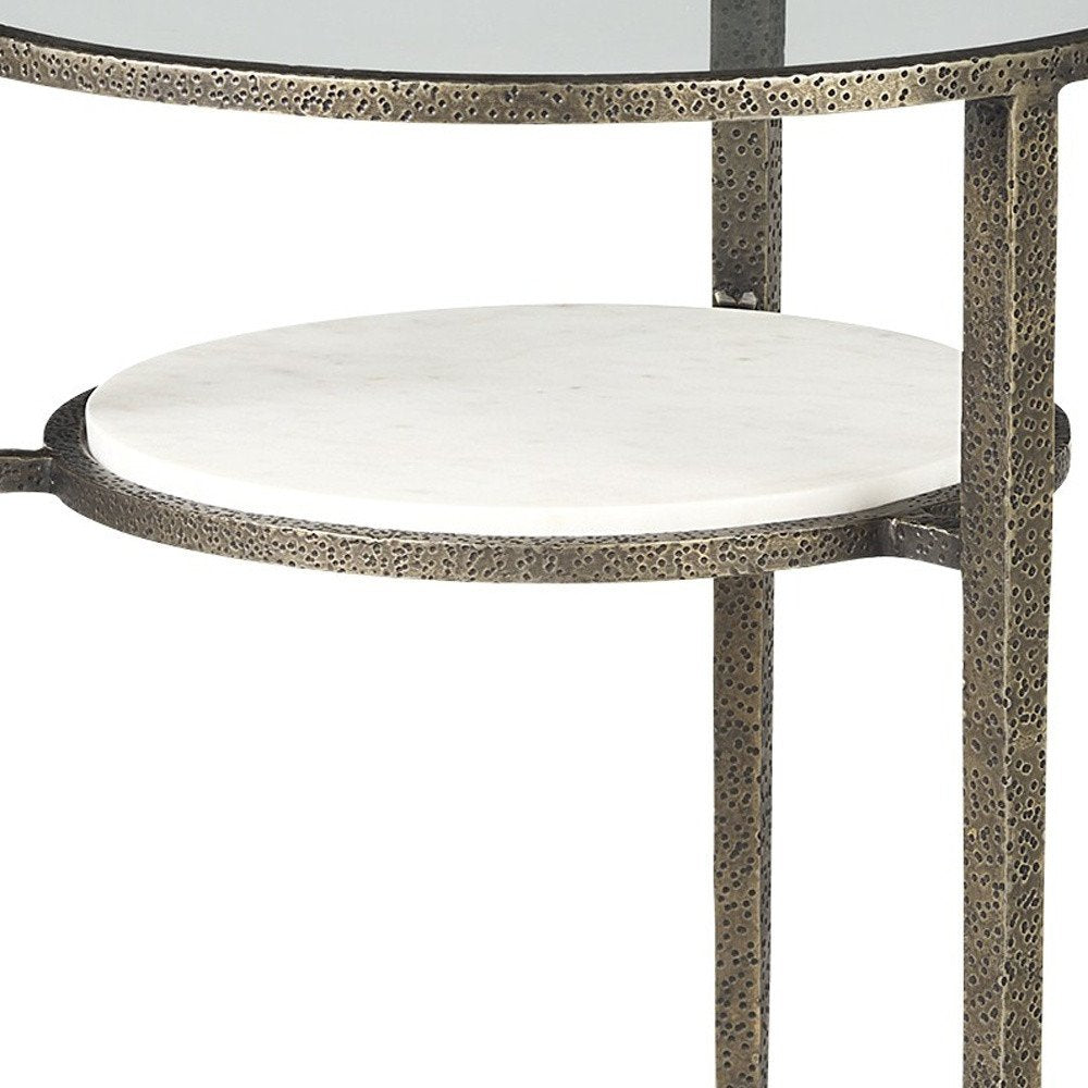 23" Bronze And Clear Glass And Metal Round End Table With Shelf HomeRoots