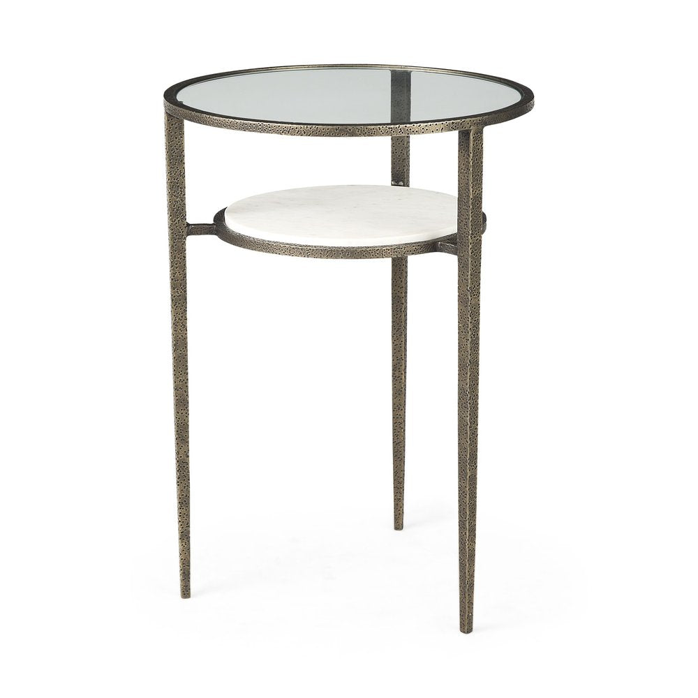 23" Bronze And Clear Glass And Metal Round End Table With Shelf HomeRoots