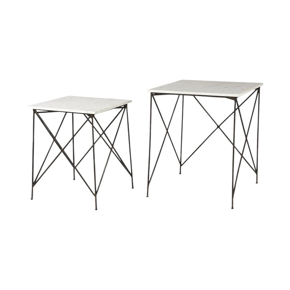 Set of Two White and Black Marble and Metal Square Nested Tables HomeRoots