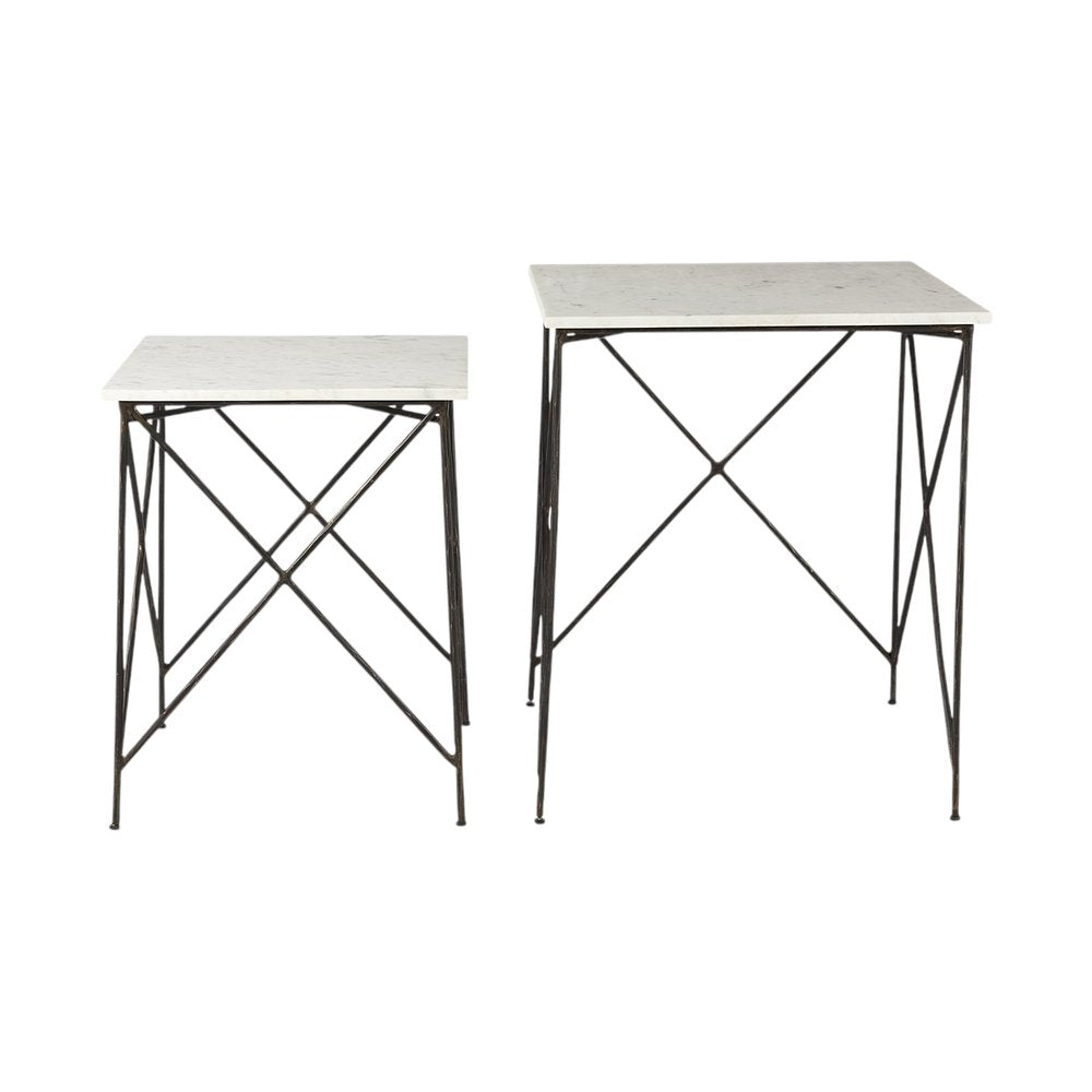 Set of Two White and Black Marble and Metal Square Nested Tables HomeRoots