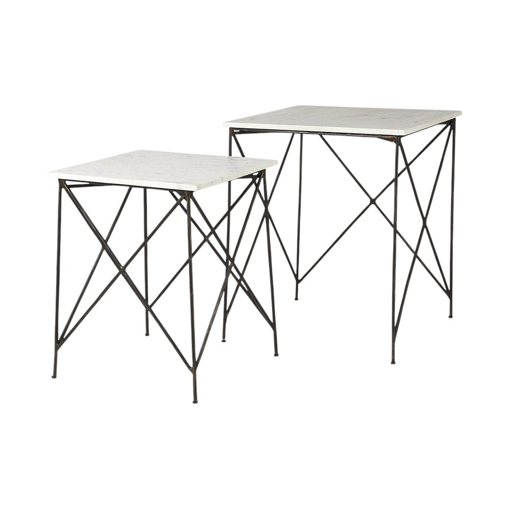 Set of Two White and Black Marble and Metal Square Nested Tables HomeRoots