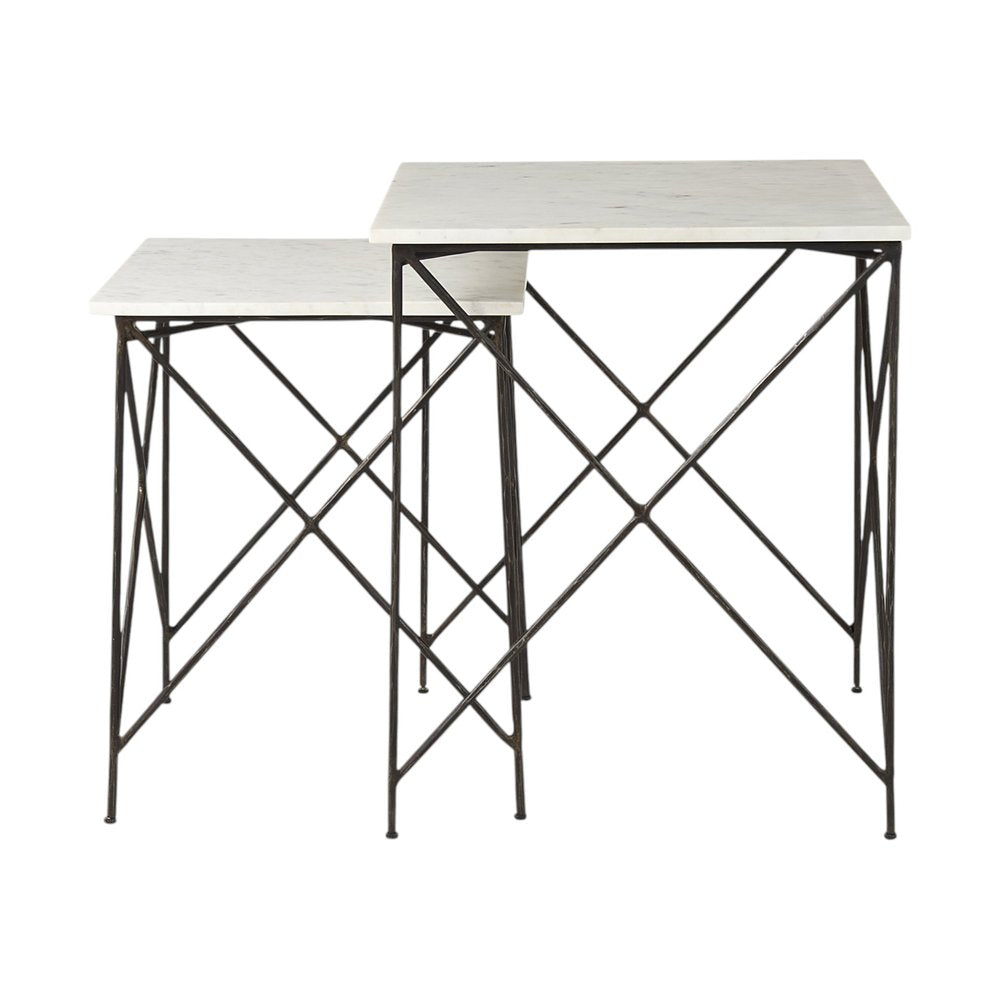 Set of Two White and Black Marble and Metal Square Nested Tables HomeRoots