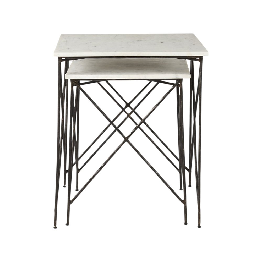 Set of Two White and Black Marble and Metal Square Nested Tables — view 5