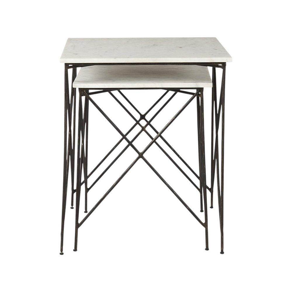Set of Two White and Black Marble and Metal Square Nested Tables HomeRoots