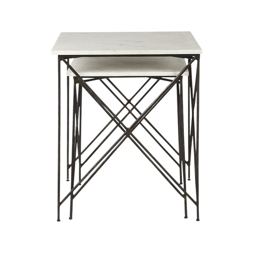 Set of Two White and Black Marble and Metal Square Nested Tables HomeRoots