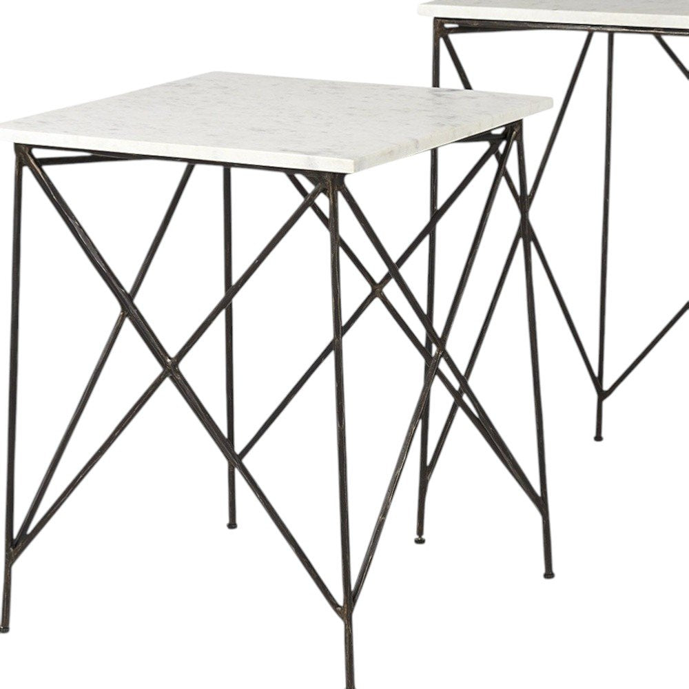 Set of Two White and Black Marble and Metal Square Nested Tables HomeRoots