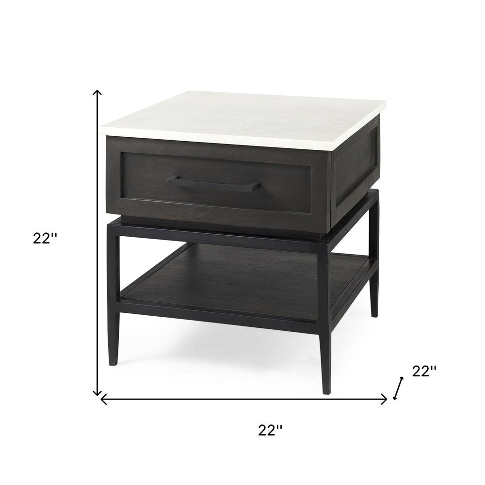 22" Black And White Marble Square End Table With Drawer And Shelf HomeRoots