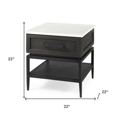 22" Black And White Marble Square End Table With Drawer And Shelf HomeRoots