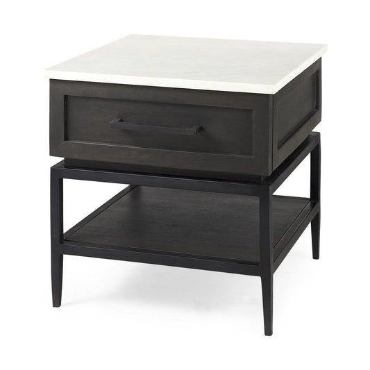 22" Black And White Marble Square End Table With Drawer And Shelf HomeRoots