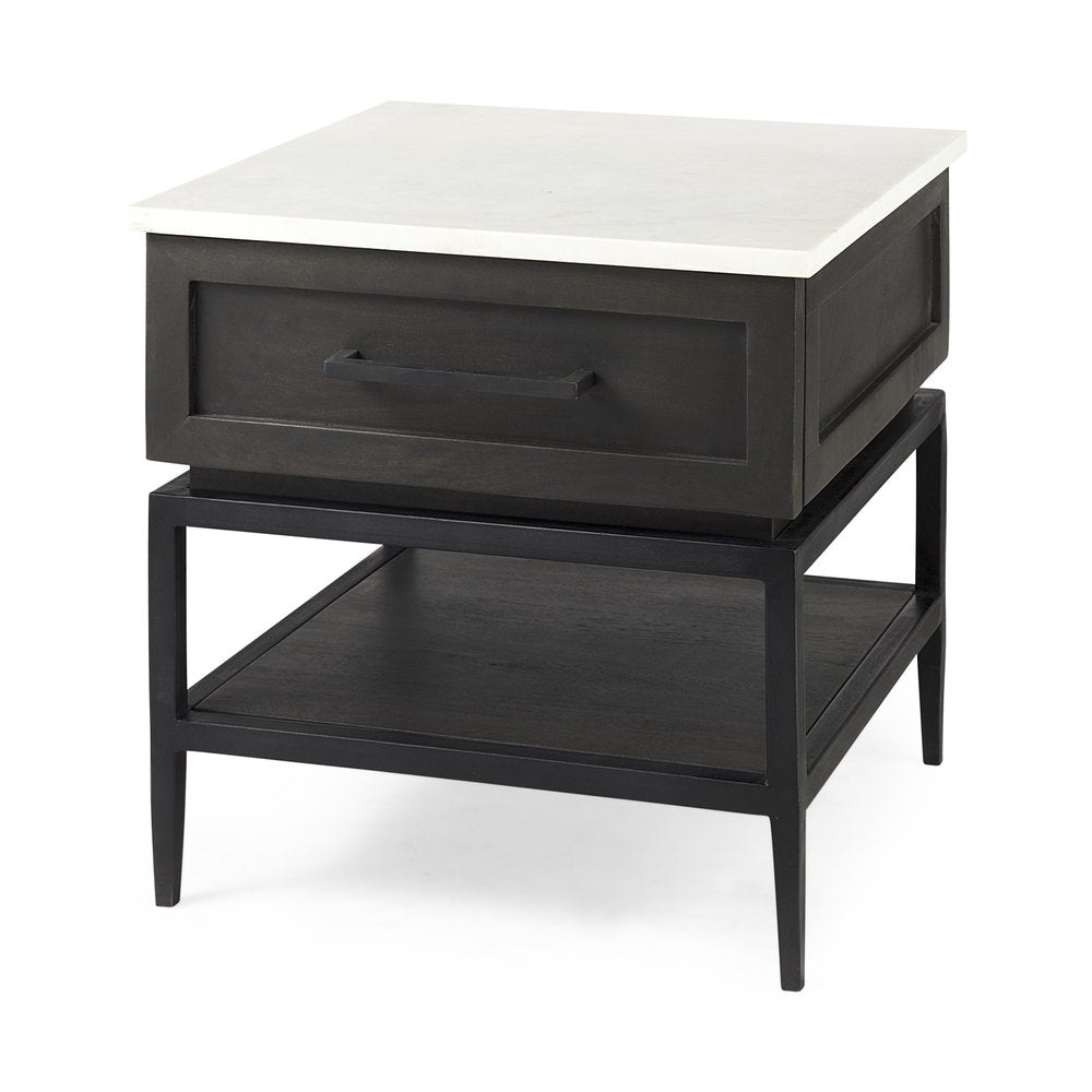 22" Black And White Marble Square End Table With Drawer And Shelf HomeRoots