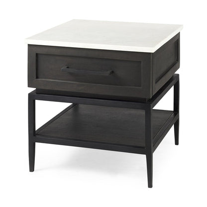 22" Black And White Marble Square End Table With Drawer And Shelf HomeRoots